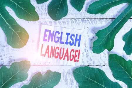 Text sign showing English Language. Business photo showcasing third spoken native lang in world after Chinese and Spanish Leaves surrounding notepaper above a classic wooden table as the backgroundの写真素材