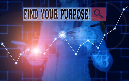 Word writing text Find Your Purpose. Business photo showcasing reason for something is done or for which still exists Woman wear formal work suit present presentation using smart latest deviceの写真素材