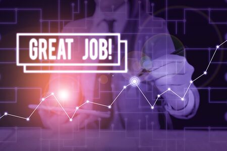 Text sign showing Great Job. Business photo text used praising someone for something they have done very well Woman wear formal work suit present presentation using smart latest deviceの写真素材