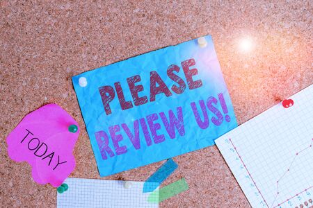 Conceptual hand writing showing Please Review Us. Concept meaning situation or system is formal examination by showing authority Corkboard size paper thumbtack sheet billboard notice boardの写真素材