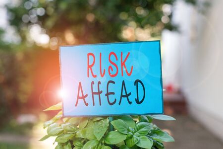 Text sign showing Risk Ahead. Business photo text A probability or threat of damage, injury, liability, loss Plain empty paper attached to a stick and placed in the green leafy plantsの写真素材