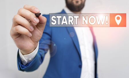 Text sign showing Start Now. Business photo showcasing do not hesitate get working or doing stuff...