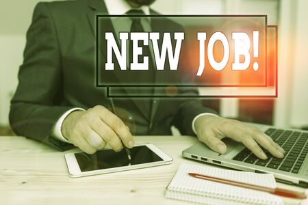 Text sign showing New Job. Business photo text recently having paid position of regular employment Male human wear formal clothes present presentation use hi tech smartphoneの写真素材