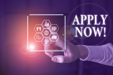 Word writing text Apply Now. Business photo showcasing request something officially in writing or by sending in form Picture photo system network scheme modern technology smart deviceの写真素材