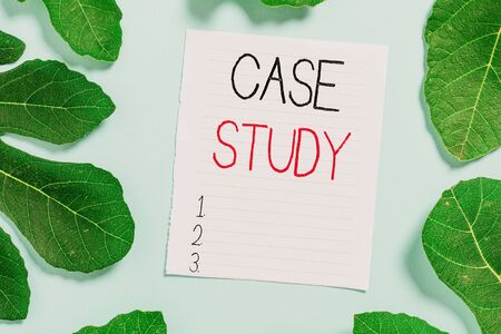 Conceptual hand writing showing Case Study. Concept meaning analysis and a specific research design for examining a problem Leaves surrounding notepaper above empty soft pastel tableの写真素材