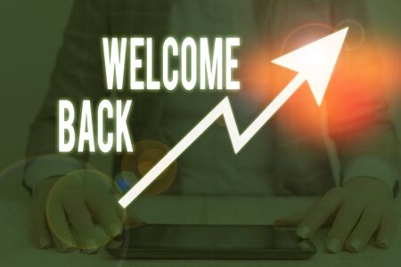 Writing note showing Welcome Back. Business concept for something back to greet the return of someone or somethingの写真素材