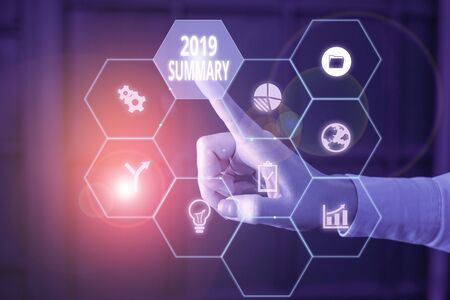Word writing text 2019 Summary. Business photo showcasing brief comprehensive especially covering the main points of 2019 Picture photo system network scheme modern technology smart deviceの写真素材