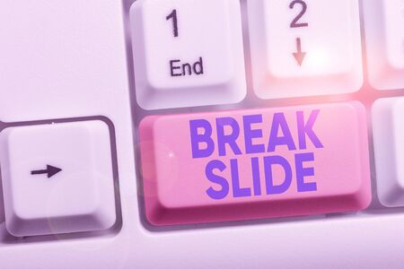Handwriting text Break Slide. Conceptual photo a good cover slide for each section of the presentation White pc keyboard with empty note paper above white background key copy spaceの写真素材