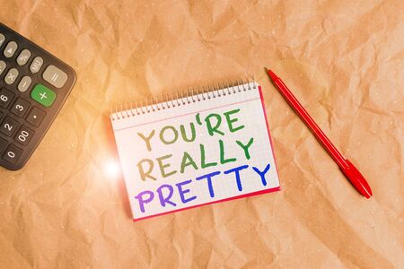 Word writing text You Re Really Pretty. Business photo showcasing She looks very charming Attractive in Delicate way Papercraft craft paper desk square spiral notebook office study suppliesの写真素材