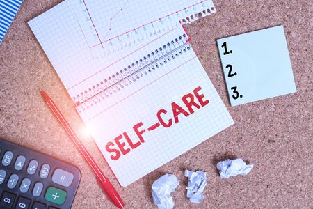 Writing note showing Self Care. Business concept for the practice of taking action to improve one s is own health Desk notebook paper office paperboard study supplies chartの写真素材