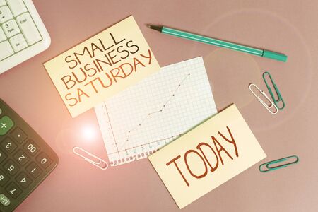 Conceptual hand writing showing Small Business Saturday. Concept meaning American shopping holiday held during the Saturday Writing equipments and computer stuff placed on plain table