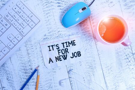 Conceptual hand writing showing It S Time For A New Job. Concept meaning Career changes seeking other work Recruitment Technological devices colored reminder paper office suppliesの写真素材