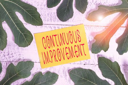 Conceptual hand writing showing Continuous Improvement. Concept meaning ongoing effort to improve products or processes Leaves surrounding notepaper above a classic wooden tableの写真素材