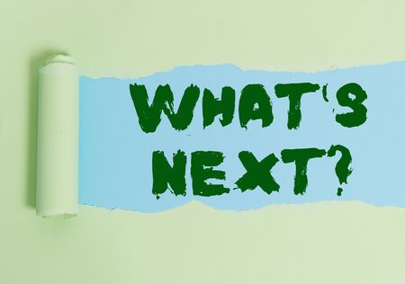 Word writing text What S Next Question. Business photo showcasing asking demonstrating about his coming actions or behaviors Cardboard which is torn in the middle placed above a plain table backdropの写真素材