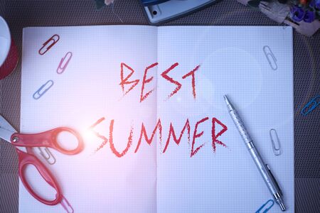 Text sign showing Best Summer. Business photo text weather is warmer and analysisy students get a break from school Scissors and writing equipments plus math book above textured backdropの写真素材