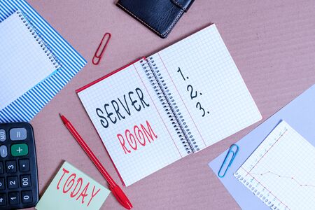 Text sign showing Server Room. Business photo showcasing a room used to store power and operate computer servers Striped paperboard notebook cardboard office study supplies chart paperの写真素材
