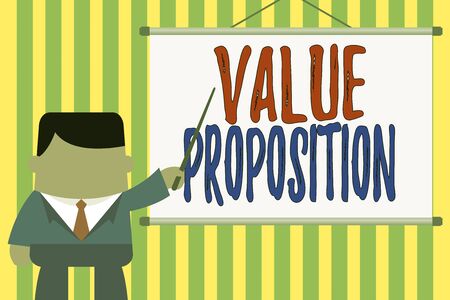 Word writing text Value Proposition. Business photo showcasing feature intended to make a company or product attractive Businessman standing in front projector screen pointing project ideaの写真素材