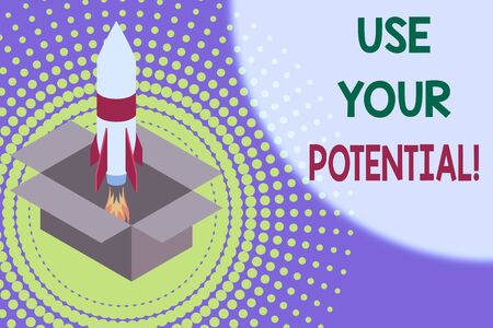 Text sign showing Use Your Potential. Business photo showcasing achieve as much natural ability makes possible Fire launching rocket carton box. Starting up project. Fuel inspirationの写真素材