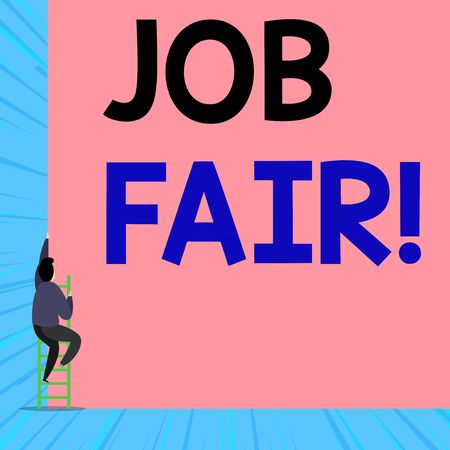 Text sign showing Job Fair. Business photo showcasing event where employers offer information about their companies Back view young man climbing up staircase ladder lying big blank rectangleの写真素材