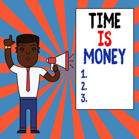 Text sign showing Time Is Money. Business photo text time is a valuable resource Do things as quickly as possible Man Standing with Raised Right Index Finger and Speaking into Megaphoneの写真素材