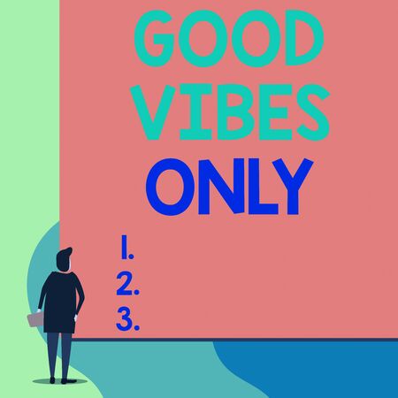 Writing note showing Good Vibes Only. Business concept for Just positive emotions feelings No negative energies Back view young woman watching blank big rectangleの写真素材