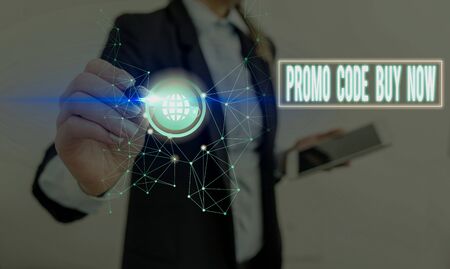 Handwriting text writing Promo Code Buy Now. Conceptual photo Giving great discount by entering special wordsの写真素材