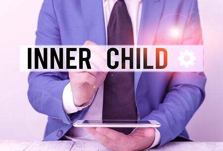 Writing note showing Inner Child. Business concept for the childlike usually hidden part of a demonstrating s is demonstratingality Businessman pointing with pen in empty copy spaceの写真素材