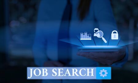 Writing note showing Job Search. Business concept for An act of demonstrating to find work suited for his professionの写真素材