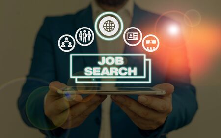 Writing note showing Job Search. Business concept for An act of demonstrating to find work suited for his professionの写真素材