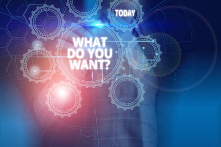 Text sign showing What Do You Want Question. Business photo showcasing say or write in order to ask demonstrating about something Picture photo system network scheme modern technology smart deviceの写真素材