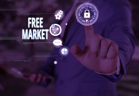 Text sign showing Free Market. Business photo showcasing an unregulated system of economic exchange or free competitionの写真素材