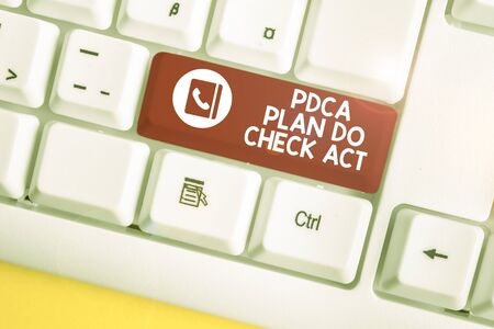 Handwriting text Pdca Plan Do Check Act. Conceptual photo Deming Wheel improved Process in Resolving Problems White pc keyboard with empty note paper above white background key copy spaceの写真素材
