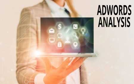 Text sign showing Adwords Analysis. Business photo showcasing monitor campaigns and ensuring investment returns in adsの写真素材