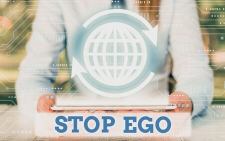 Writing note showing Stop Ego. Business concept for Control your obsession about a decision or an event or anythingの写真素材
