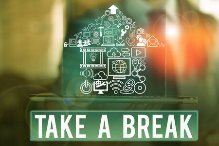 Word writing text Take A Break. Business photo showcasing Resting Stop doing something recreation time get out of workの写真素材