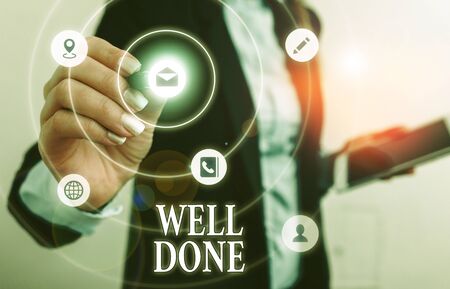 Text sign showing Well Done. Business photo showcasing telling demonstrating that he made his task or job in perfect shapeの写真素材