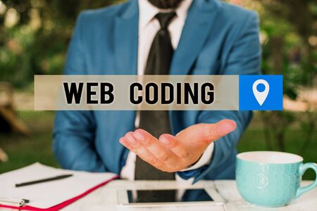 Writing note showing Web Coding. Business concept for work involved in developing a web site for the...
