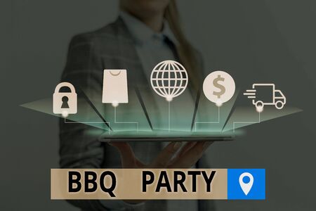 Conceptual hand writing showing Bbq Party. Concept meaning usually done outdoors by smoking meat over wood or charcoalの写真素材