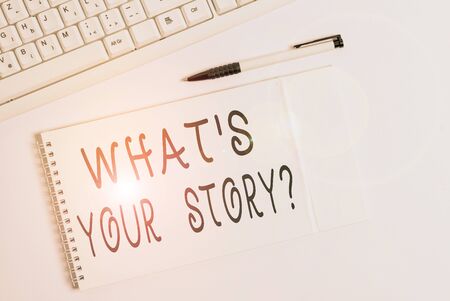 Conceptual hand writing showing What S Is Your Story question. Concept meaning being asked by someone about my own journey White pc keyboard with note paper above white backgroundの写真素材