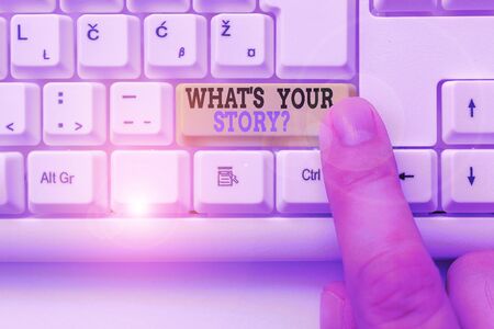 Word writing text What S Your Story Question. Business photo showcasing asking demonstrating about his past life actions events White pc keyboard with empty note paper above white background key copy spaceの写真素材