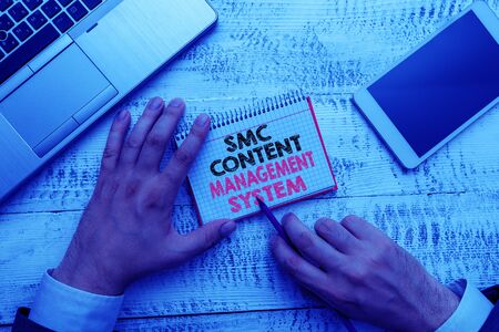 Word writing text Smc Content Management System. Business photo showcasing analysisgae creation and modification of postsの写真素材