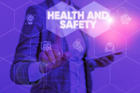 Conceptual hand writing showing Health And Safety question. Concept meaning regulations and procedures intended to prevent accident Woman wear work suit presenting presentation smart deviceの写真素材