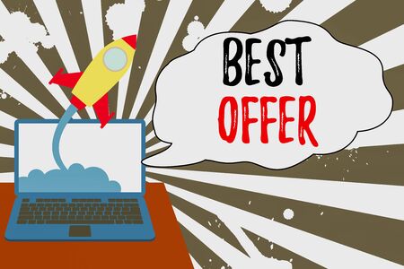 Conceptual hand writing showing Best Offer. Concept meaning great agreement entered by parties for their mutual benefit Successful rocket launching laptop background Startup growの写真素材