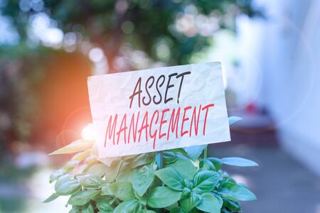 Word writing text Asset Management. Business photo showcasing analysisaged investment of assets of a demonstrating or business Plain empty paper attached to a stick and placed in the green leafy plantsの写真素材