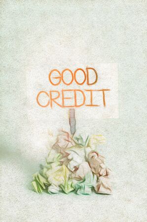 Word writing text Good Credit. Business photo showcasing borrower has a relatively high credit score and safe credit risk Reminder pile colored crumpled paper clothespin reminder blue backgroundの写真素材