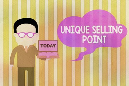 Handwriting text Unique Selling Point. Conceptual photo Differentiate a Product Specific Features and Benefits Standing man in suit wearing eyeglasses holding open laptop photo Artの写真素材