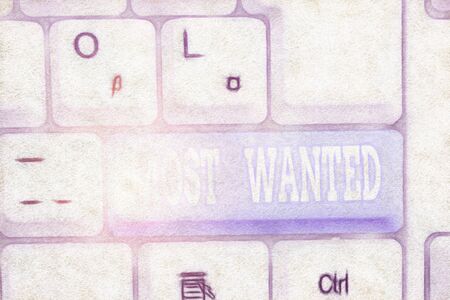 Handwriting text writing Most Wanted. Conceptual photo listing of the names of demonstratings who are urgently being sought White pc keyboard with empty note paper above white background key copy spaceの写真素材
