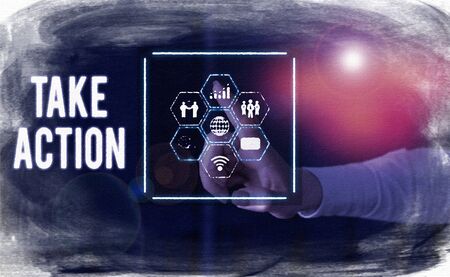 Text sign showing Take Action. Business photo text to do somethingoract in order to get a particular result Picture photo system network scheme modern technology smart deviceの写真素材
