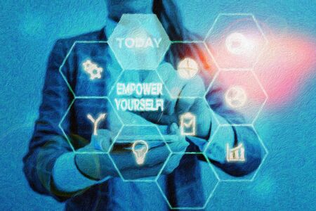 Handwriting text Empower Yourself. Conceptual photo taking control of our life setting goals and making choices Woman wear formal work suit present presentation using smart latest deviceの写真素材