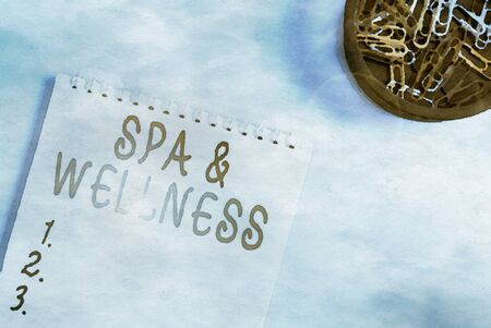 Writing note showing Spa And Wellness. Business concept for Place where showing go to improve their health Relaxation Blank empty notebook and stationary placed above pastel colour backdrop